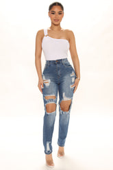 Socialite Ripped Straight Leg Jeans - Medium Wash